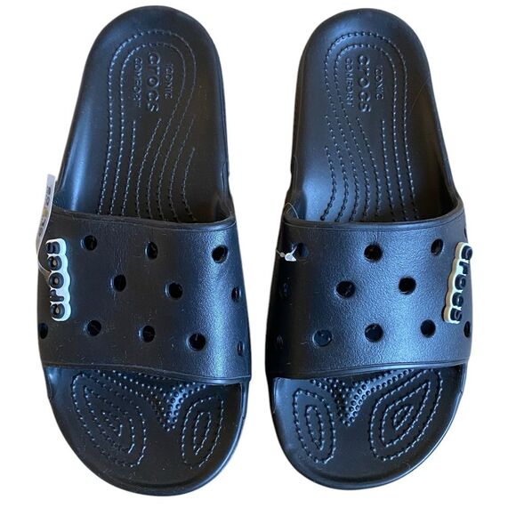 NWT Crocs Classic Slide Sandals in Black Size Men 8 Women 10 with Crocs Charms - Picture 4 of 14